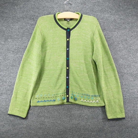 Icelandic Design Women's Silk Blend Cardigan Green Large Long Sleeve Crochet - Picture 2 of 15